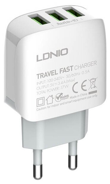 Зарядное устройство Ldnio A3312 3xUSB 17W + Кабель Lightning (White)