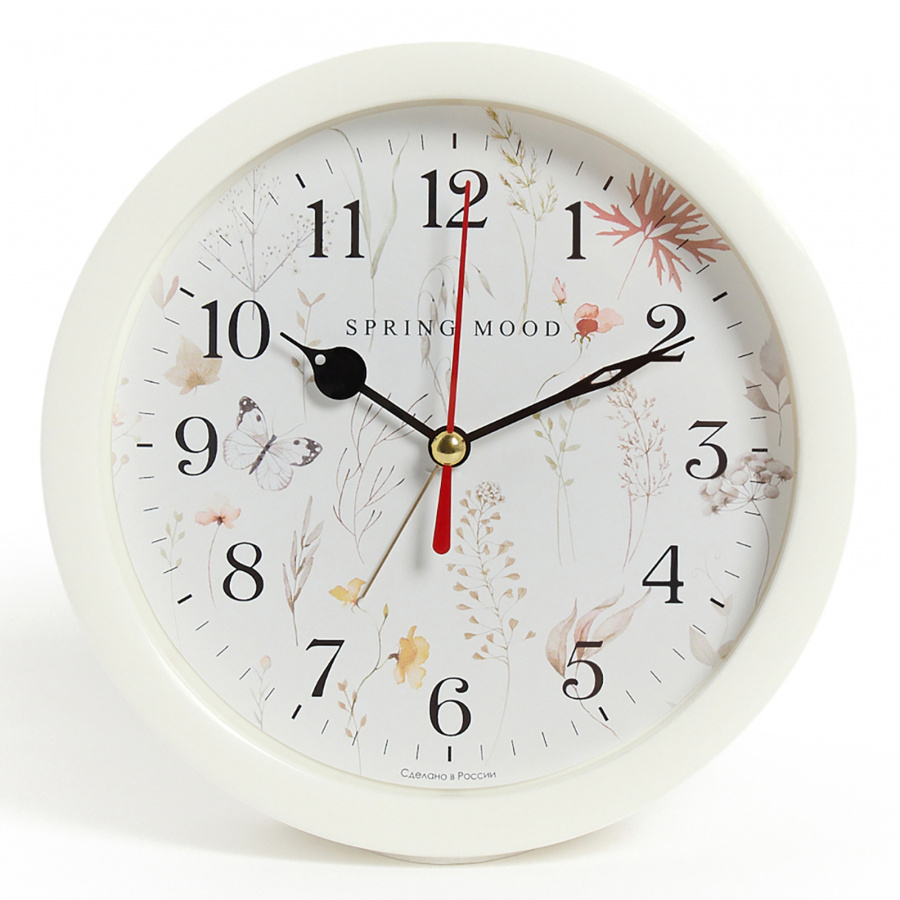 Будильник Рубин Цветочный паттерн d-15см белый В4-063