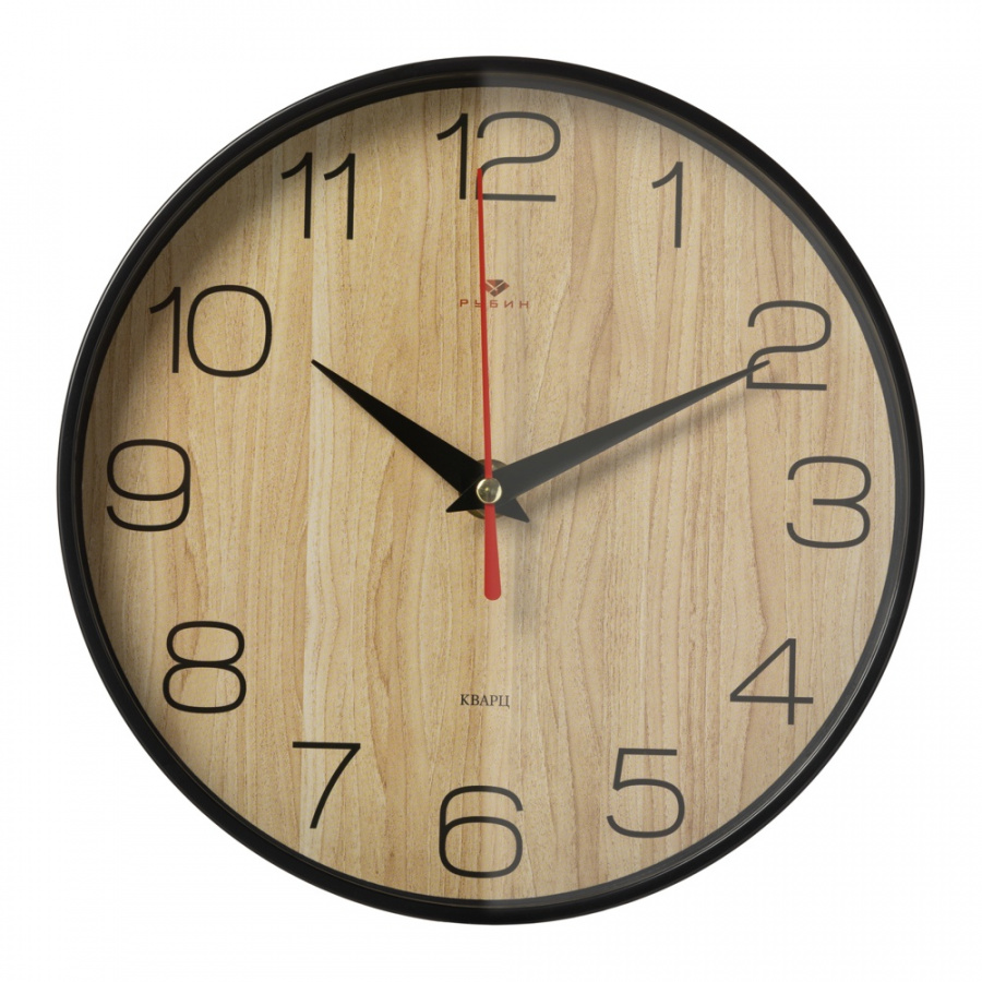 Часы настенные Рубин круг d=19,5см, корпус черный,"Текстура дерева"