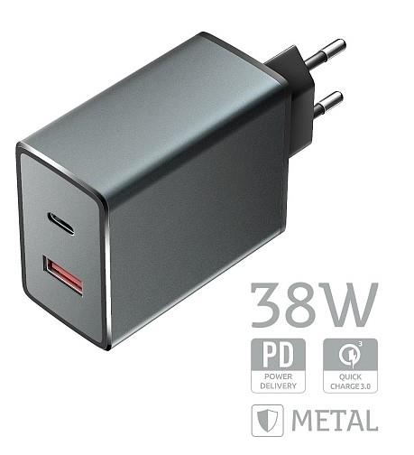 Сетевое ЗУ 38W, Type-C +USB, PowerDelivery, QuickCharge, серое, OLMIO
