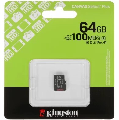 Карта флеш-памяти Kingston MicroSD 64GB Class 10 Canvas Select Plus A1 U1 V10  (100 Mb/s) без адаптера