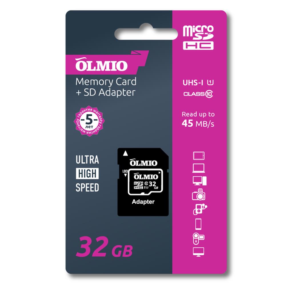 Карта памяти OLMIO microSDHC 32GB Class 10 UHS-I, с адаптером