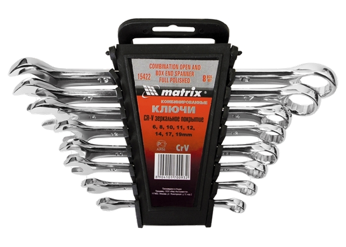 Набор комбинированных ключей MATRIX 8-19 мм, 8шт, CrV, полированный хром