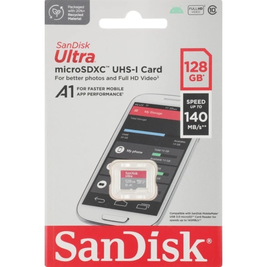 Карта флеш-памяти SanDisk MicroSD Ultra 128GB Class 10 UHS-I A1 (140 Mb/s) без адаптера