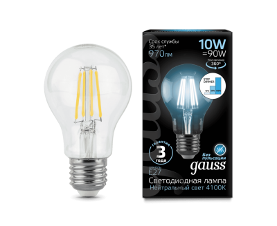 Лампа Gauss Filament Лон A60 E27 10W 4100К