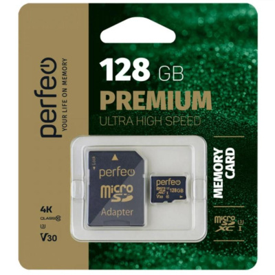 Карта флеш-памяти Perfeo microSDXC 128Gb Class10 UHS-3 с адаптером (PF128GMCSX10V30A)