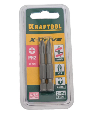 Биты Kraftool "Expert" торсионные кованные Cr-Mo, хвостовик Е1/4", РН2, 50 мм, 2 шт