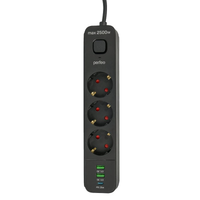 Сетевой фильтр с USB зарядкой Perfeo Power Spring (3 розетки, 2 USB QC3.0, 1 Type-C PD 20W) Черный (4.0м)