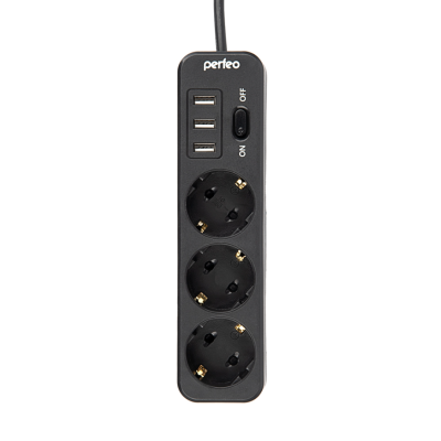 Сетевой фильтр с USB зарядкой Perfeo Power Stream (3 розетки, 3 USB) Черный (2.0м)