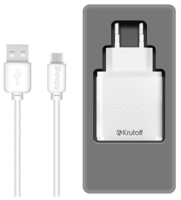 Зарядное устройство Krutoff group  CH-07C 2xUSB, 2.4A + кабель USB Type-C (white)