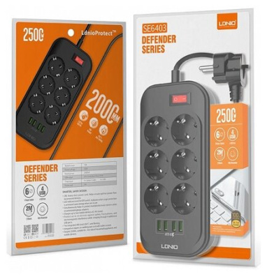 Сетевой фильтр с USB зарядкой LDNIO SE6403 (4USB, 17W, 2м) Black+Gray