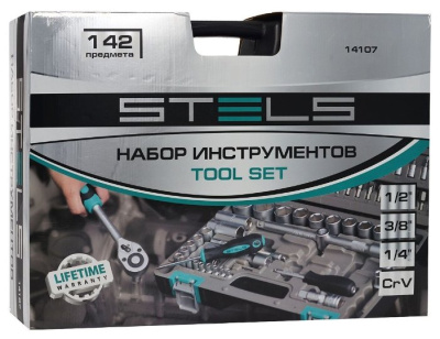 Набор инструментов STELS 1/2",3/8", 1/4", CrV, пластиковый кейс 14107 (142 предм.)
