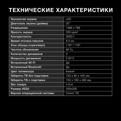 ЖК-телевизор Hyundai H-LED32BS5102 белый