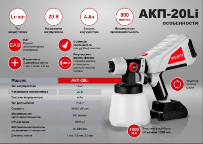 Краскопульт аккумуляторный РЕСАНТА АКП-20Li, 1 АКБ и ЗУ