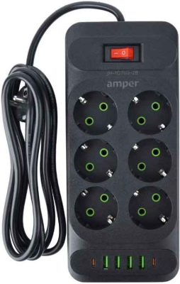 Сетевой фильтр Amper JH-1076U-2W (6 розетки, 4 USB, 2 Type-C) Черный (2.0м)