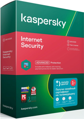 Kaspersky Internet Security RU 2-Device 1 year Base Box + Семейный врач онлайн