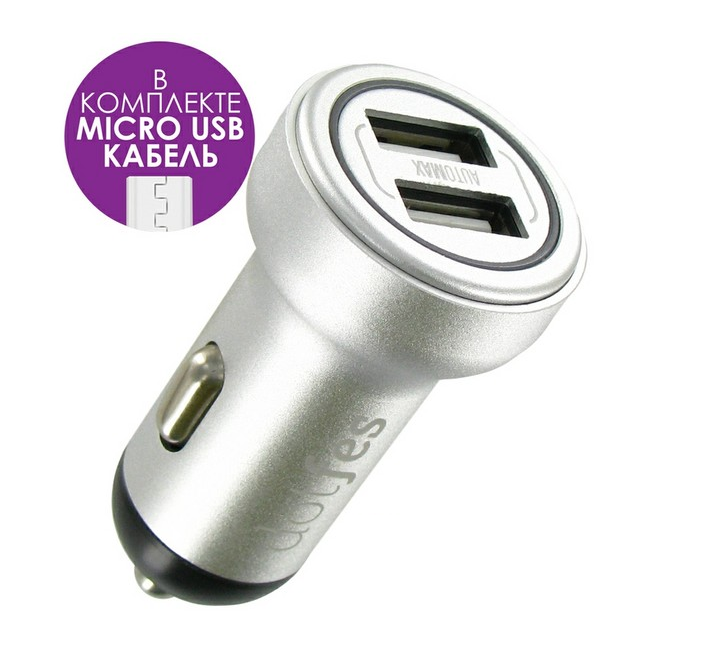 Авто З/У Dotfes B05M (2xUSB, 3.4A + кабель micro USB) Silver